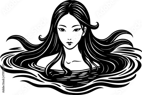 China environment:    A mysterious Chinese water maiden with long, shimmering hair swimming in the clear water