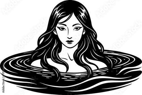 China environment:    A mysterious Chinese water maiden with long, shimmering hair swimming in the clear water