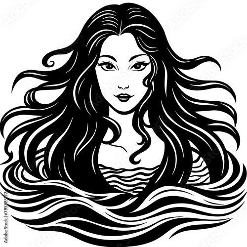 China environment:    A mysterious Chinese water maiden with long, shimmering hair swimming in the clear water