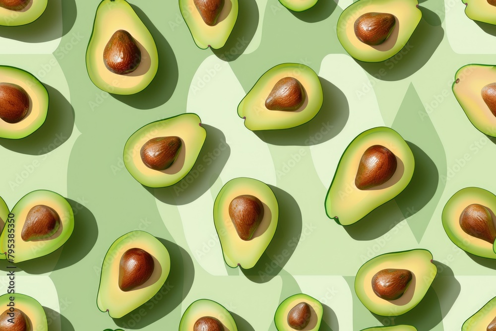 Fresh Avocado Pattern on Light Green Background Fresh Avocado Pattern on Light Green Background
