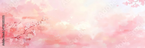 Light pink sky background with pastel color clouds with cherry blossoms . Pink clouds in the sky stage fluffy cotton candy  summer paradise dreamy concept.banner