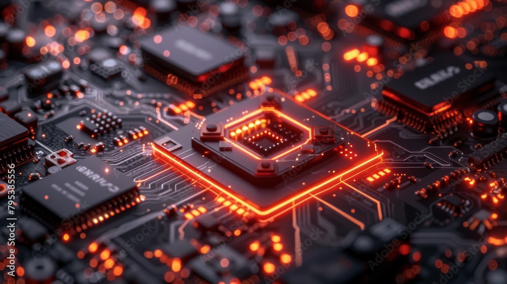 A close up of a computer chip with orange lighting. A close up of a computer chip with orange lighting.