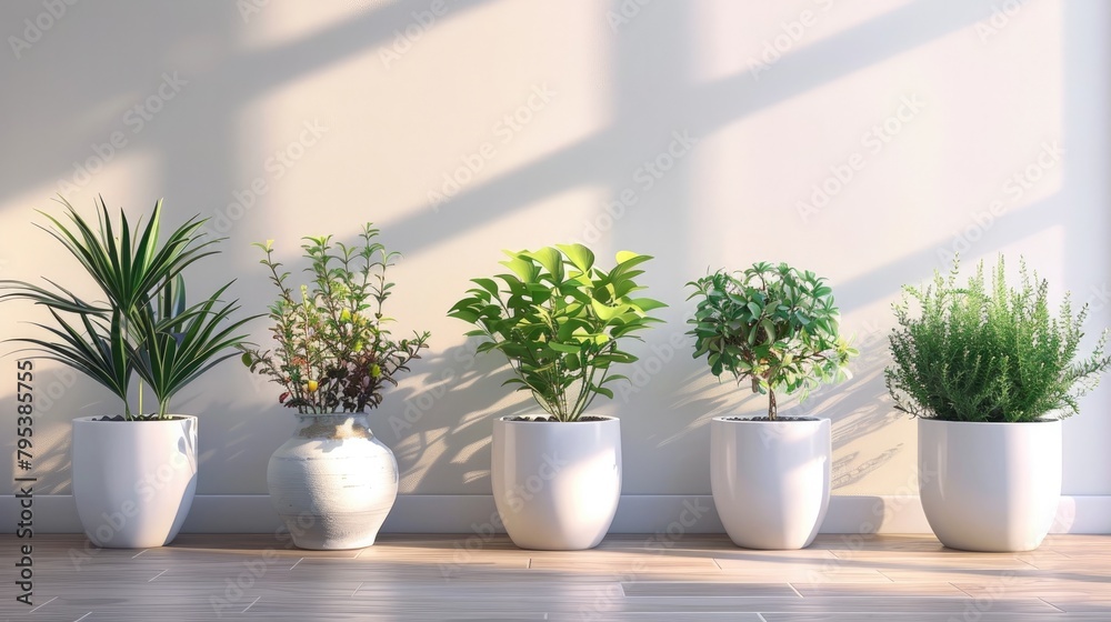 ThreeDimensional of Lush Plant Pots in a Modern Setting