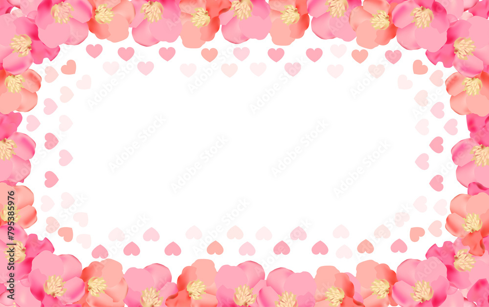 Floral Spring. Realistic banner with pink blossom background on soft light background for wallpaper design. Flowers Blossom border with hearts.