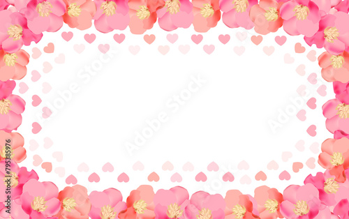 Floral Spring. Realistic banner with pink blossom background on soft light background for wallpaper design. Flowers Blossom border with hearts.