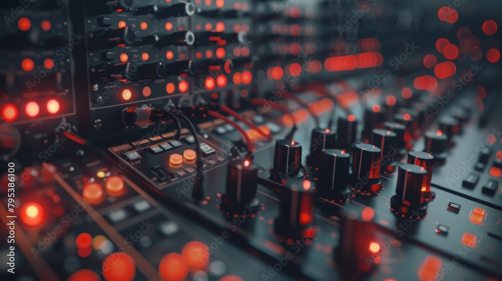 A close up of a modular synthesizer with red lights. A close up of a modular synthesizer with red lights.