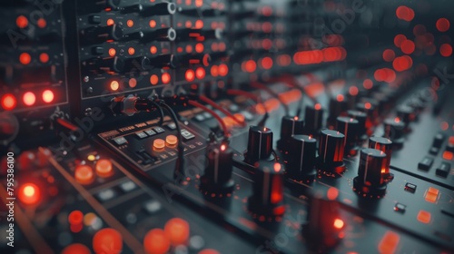 A close up of a modular synthesizer with red lights.
