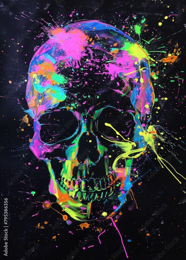 Neon Paint Splattered Skull in Punk Gothic Style Neon Paint Splattered Skull in Punk Gothic Style