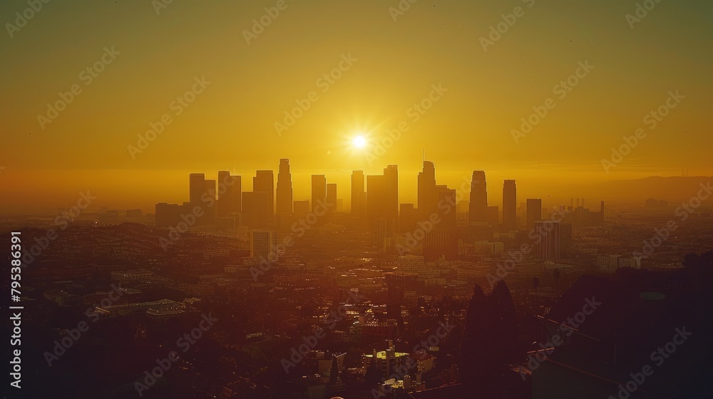 Megapolis skyline at sunset.