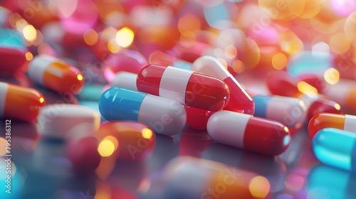 A close up of a pile of colorful pills and capsules with a blurred background. photo