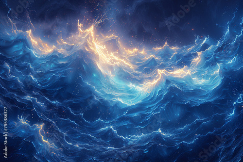 Luminescent waves of energy rippling through a digital ocean, casting an otherworldly glow upon the depths below.