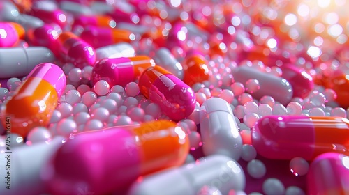 A close up of a pile of pink and white pills.