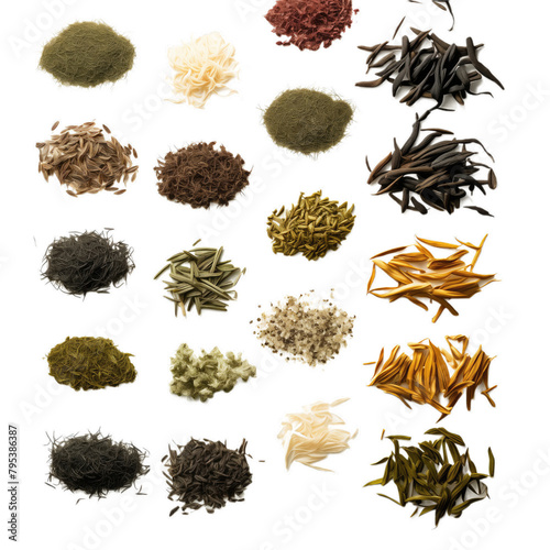 A panoramic overhead shot of a variety of dry seaweed on a white background