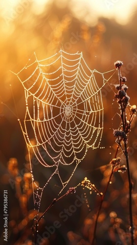 A close up of a spider web with morning dew on it