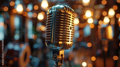 A close up of a vintage microphone with a warm, blurry background. photo