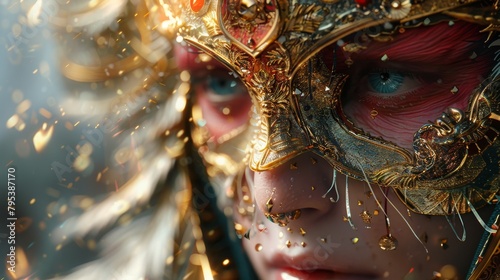 A close up of a woman wearing a golden mask with rubies and emeralds. © Pornarun