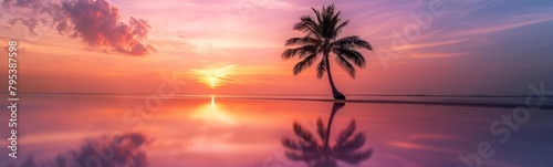 Purple sunset with palm tree reflected in water. summer travel banner