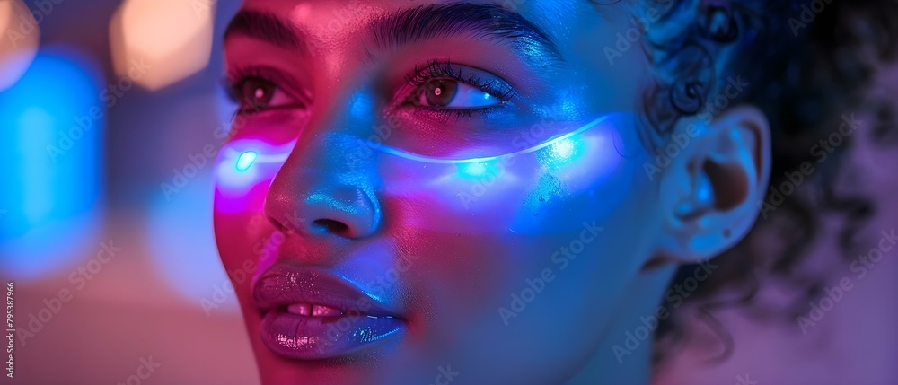 Image of woman using blue light therapy device for glowing skin. Concept Skincare, Beauty Devices, Blue Light Therapy, Glowing Skin, Cosmetic Tools Image of woman using blue light therapy device for glowing skin. Concept Skincare, Beauty Devices, Blue Light Therapy, Glowing Skin, Cosmetic Tools