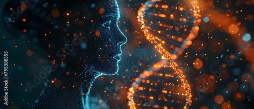 Silhouette of head with biohacking gear and DNA molecule on digital background. Concept Silhouette, Head Gear, DNA Molecule, Biohacking, Digital Background