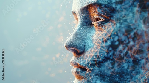 A closeup portrait of a woman's face, made of blue and orange glowing lines and dots. photo