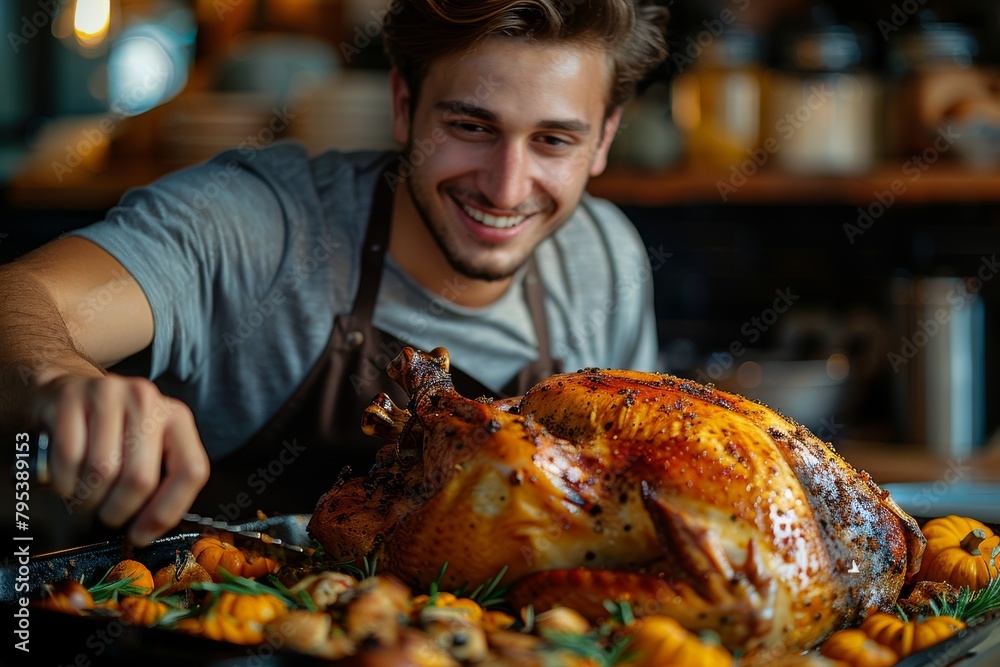 Young chef in a home kitchen setting, presenting a perfectly roasted turkey with evident pride and joy