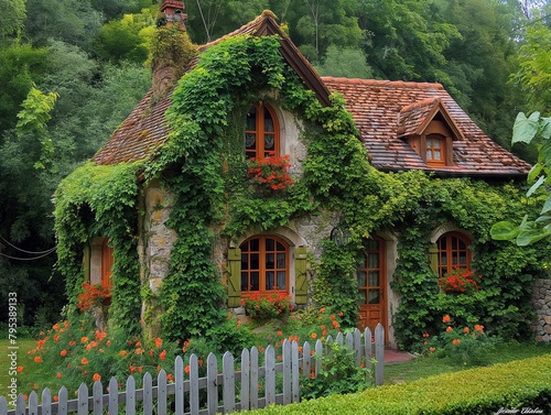 A house with ivy growing on it and a fence in front of it. The house has a green roof and a green wall. The house is surrounded by a garden with flowers and plants