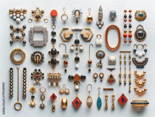 A collection of antique jewelry displayed on a white surface.