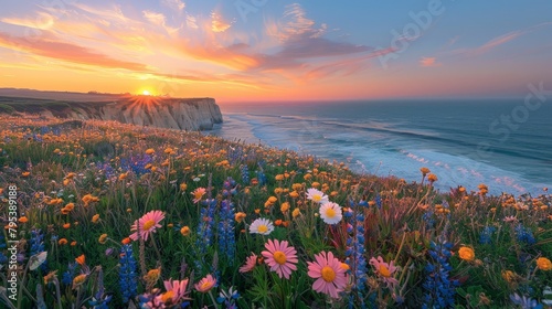 A stunning coastal sunset with the sun dipping below the horizon, surrounded by a field of wildflowers overlooking the ocean.