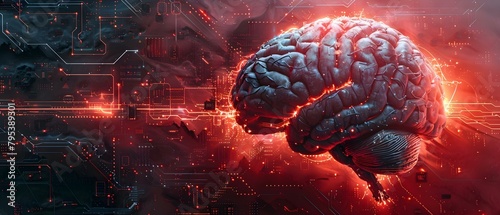 Human brains and electronic circuits merging on a dark futuristic background. Concept Technology, Future, Fusion, Brain-Computer Interface, Artificial Intelligence