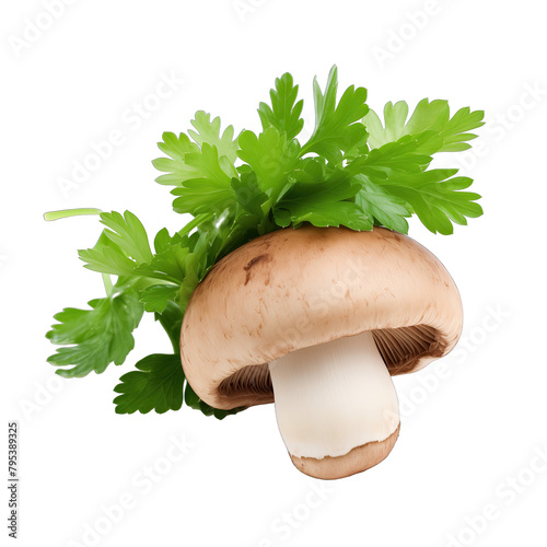 A photo of a champignon mushroom with vibrant green parsley leaves on a white background