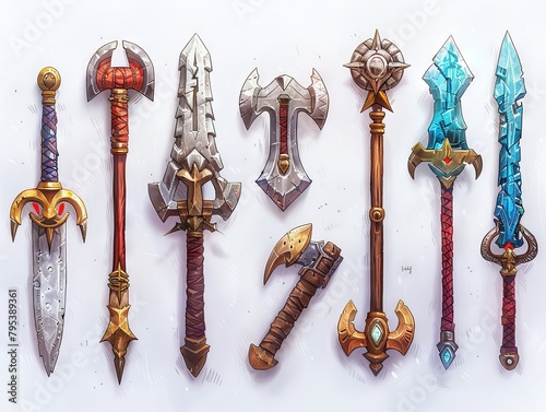 A collection of hand-drawn fantasy weapons including swords, axes, maces, and daggers.