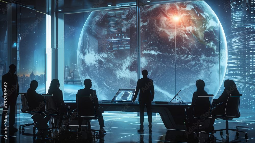 Φωτογραφία A team in a futuristic room focused on a holographic display of a planet, led by a charismatic leader