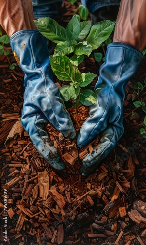 Realistic hands in blue gloves spreading wood chip mulch around sapling. Vivid details of natural wood tones on grass.
