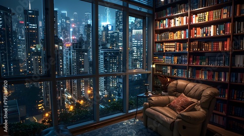 Cozy and Inviting Scandinavian Style Reading Nook in High Rise Apartment with Breathtaking Nighttime Cityscape © Narakorn