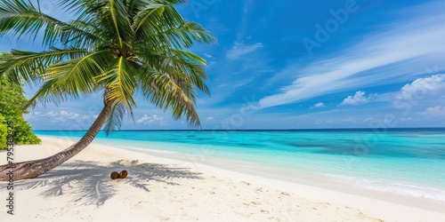 Luxurious tropical landscape. White sand with palm trees and azure sea. A heavenly place to relax. Beautiful exotic summer beach background for design.