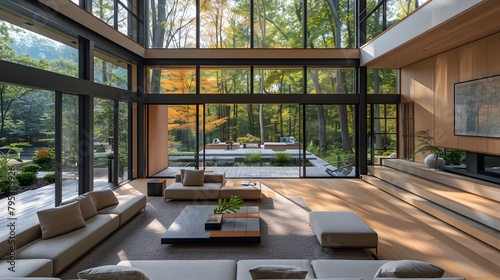 Elegant Modern Residence with Seamless Glass Wood and Stone Elements Framing Picturesque Forest Landscape photo