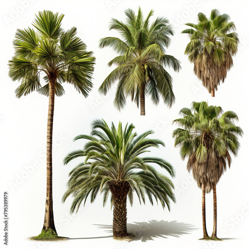 Set of Palm trees  white isolated cutout design elements.