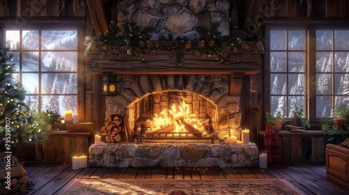 A cozy fireplace with a crackling fire  a decorated Christmas tree  presents  and snow-covered windows.