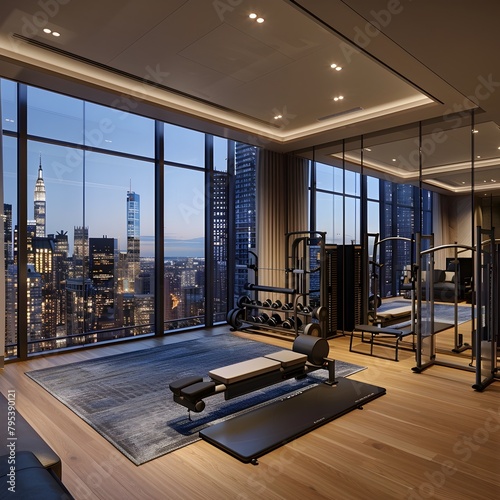 Luxurious Art Deco Home Gym with Stunning City Skyline View in a High Rise Apartment