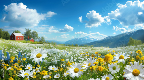 Bucolic Summer Bliss – Daisy Meadow with Red Barn and Majestic Mountain Range under a Clear Blue Sky