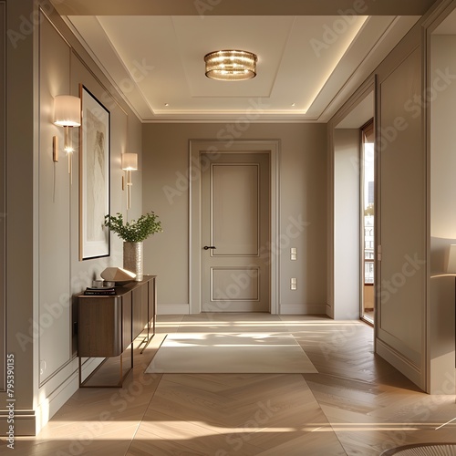 Sophisticated and Elegant Entryway in Luxury High Rise Apartment with Grand Double Doors Statement Lighting and Warm Wooden Flooring © Narakorn