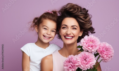 A mother and daughter smile warmly, surrounded by lush pink peonies—mother's day.Ideal for use in family-oriented campaigns, floral shops, beauty and hair care promotions, greeting card designs,