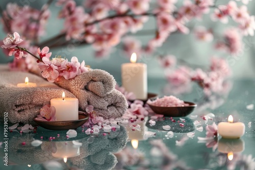 Soft candlelight illuminates a serene spa scene with cherry blossoms and plush towels