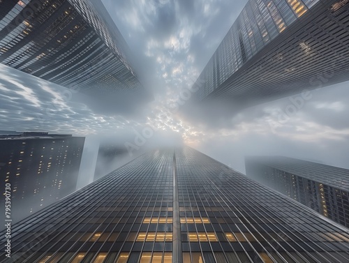 A city skyline with foggy clouds in the sky. The buildings are tall and the sky is cloudy