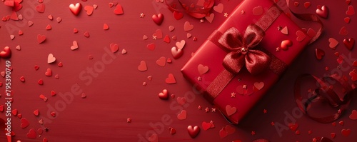 Valentine s Day gift banner design featuring a present box and hearts on a red background.