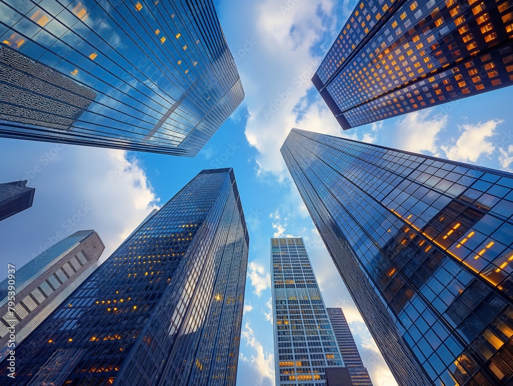 A city skyline with tall buildings and a clear blue sky. The buildings are all made of glass and are very tall