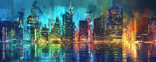 A vibrant urban landscape with towering skyscrapers and illuminated lights, reflecting the dynamic energy of a bustling city.