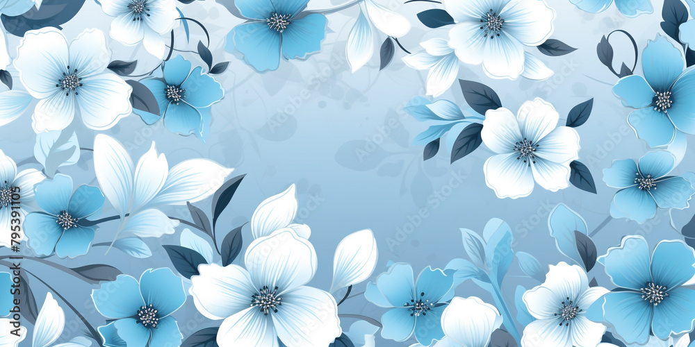 Tranquil sky blue and silver flowers forming a seamless pattern for a calming effect.