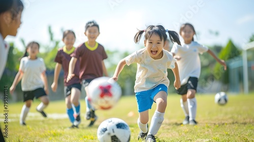 Vibrant Asian Children's Soccer Game on Lush Green Playground Encouraging Teamwork and Sportsmanship