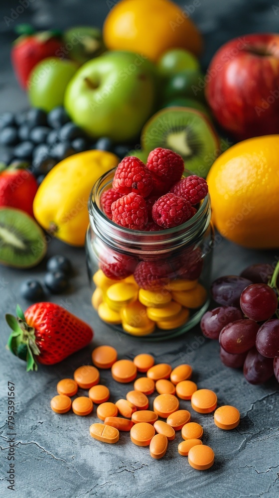 Variety of vitamin tablets in a jar on a textured background, accompanied by fresh and healthy fruits. Concept of vitamins and supplements. Flat lay composition with space for text. Variety of vitamin tablets in a jar on a textured background, accompanied by fresh and healthy fruits. Concept of vitamins and supplements. Flat lay composition with space for text.